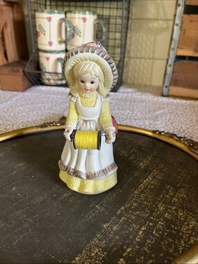 Vintage Yellow and White Porcelain Girl pin cushion